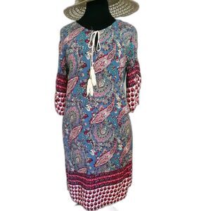 ARANEE Bohemian Quarter Sleeves Tassel Tie Neck  Rayon Blend Blue Paisley Dress